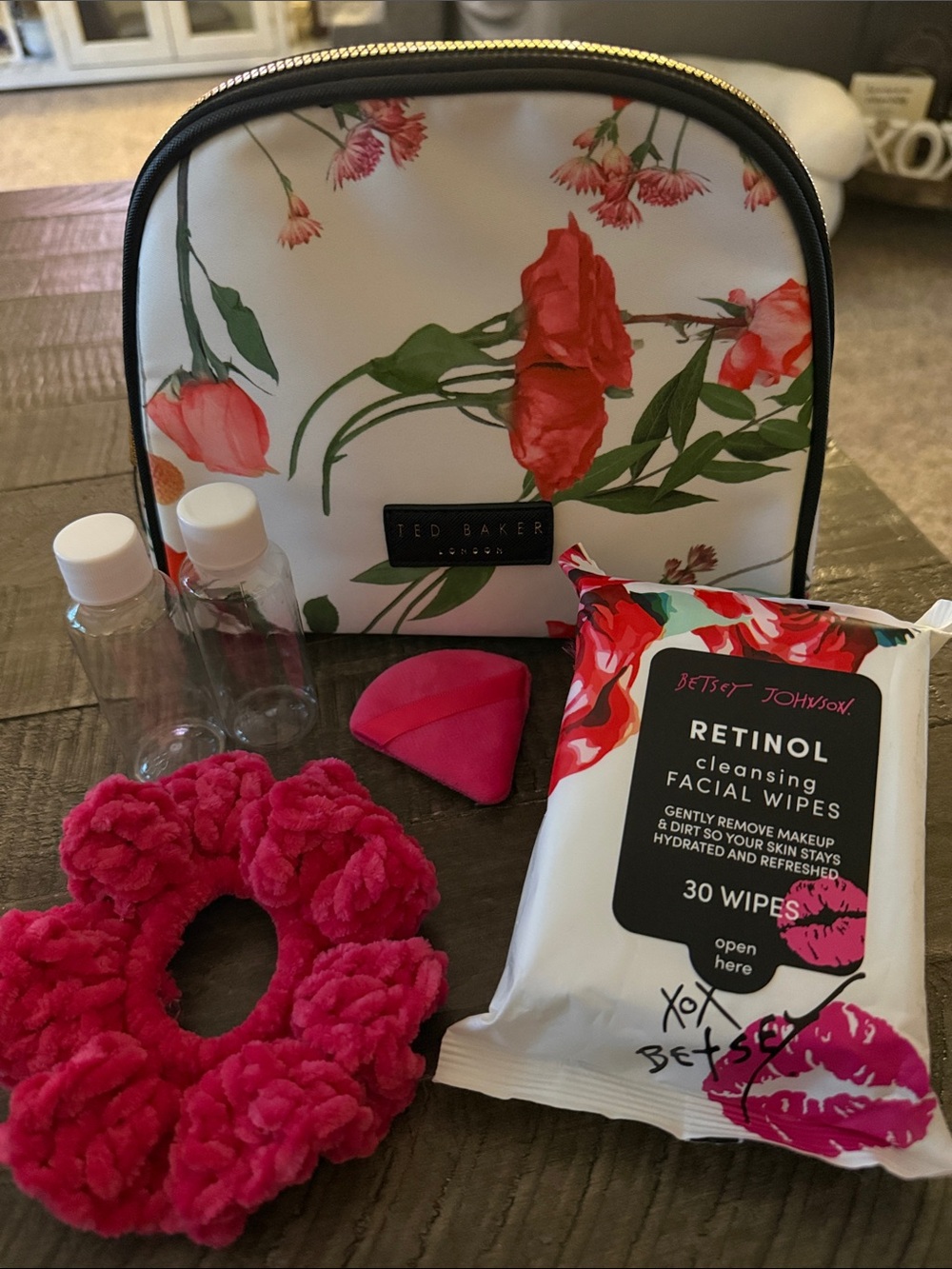 Ted Baker White Floral Travel Makeup Bag with Pink Accessories and Facial Wipes